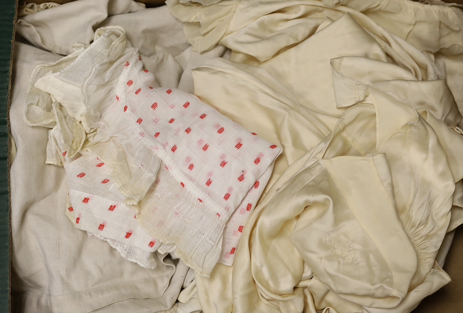 A silk smock, two silk embroidered blouses, a red check 1920's dress, a linen waistcoat and two cloche hats, etc.